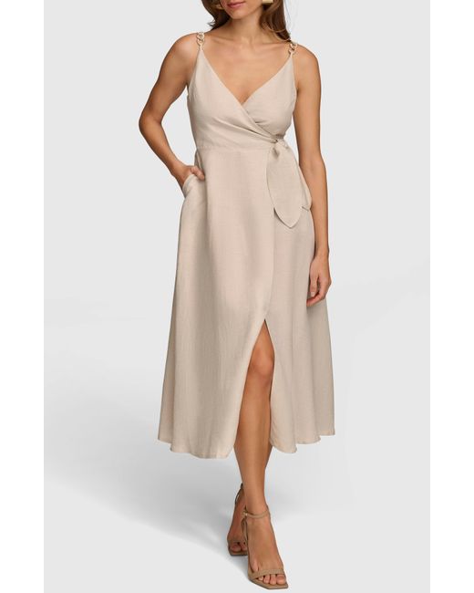 Donna Karan Natural Faux Wrap Linen Blend Midi Dress