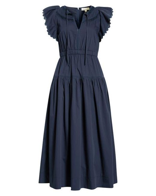 moon river ruffle sleeve shirred midi dress Ruffle Sleeve Shirred Midi Dress