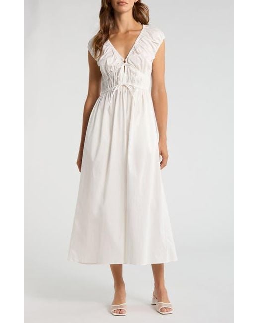 Wayf White Liv Ruched Stretch Cotton Poplin Midi Dress