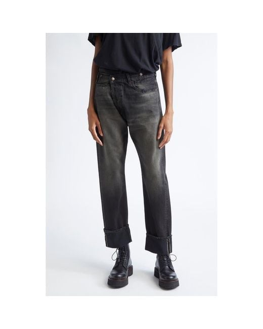 R13 Women's Black Cuffed Crossover Straight Leg Jeans