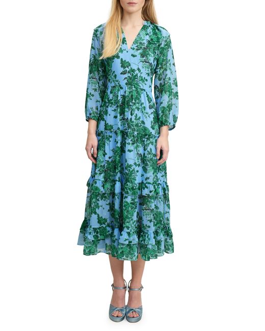 L.K.Bennett Green Eleanor Print Long Sleeve Ruffle Maxi Dress