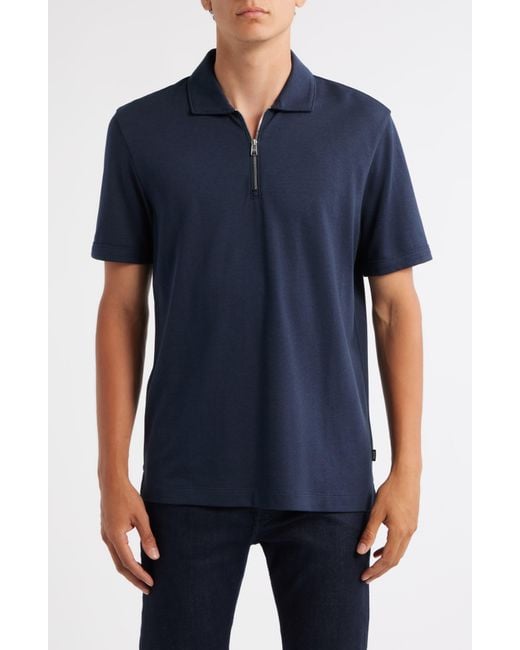 Boss Blue Paras Solid Lyocell & Cotton Zip Polo for men