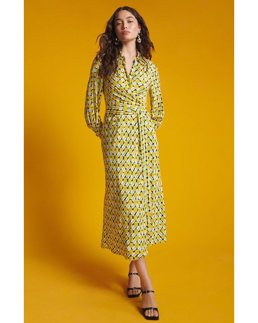 Diane von Furstenberg Yellow Geo Print Long Sleeve Midi Wrap Dress