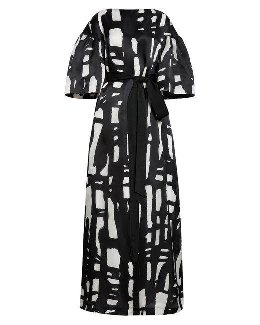 Max Mara Black Rubiera Abstract Print Belted Silk Satin Gown