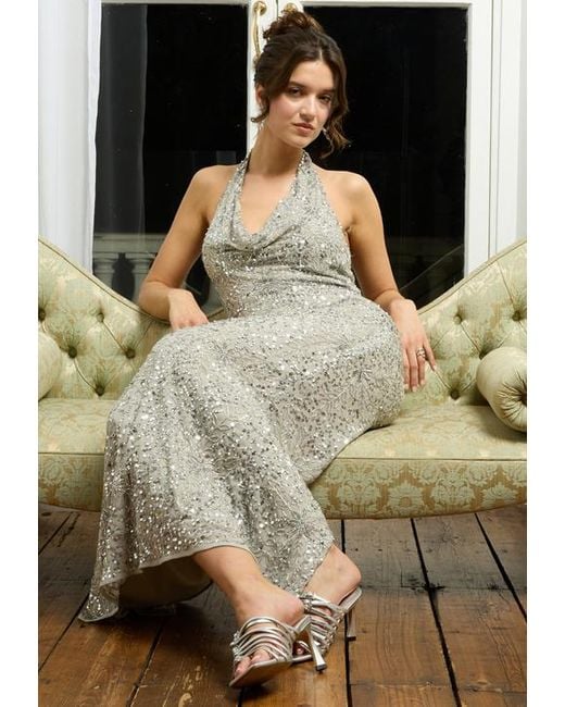beaded off shoulder wedding dress Seraphina Embellished Maxi Dress in Grey – Lace & Beads
