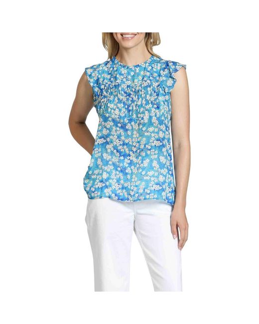 Apny Blue Floral Print Flutter Sleeve Top