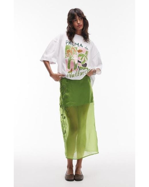 TOPSHOP Green Embroidered Cotton Organza Midi Skirt