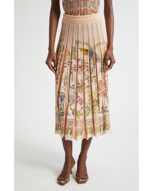 Etro Natural Pleated Floral Midi Sweater Skirt