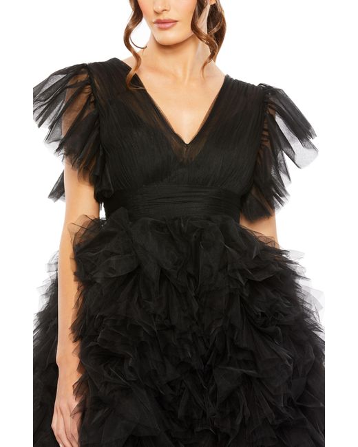 Mac Duggal Black Flutter Sleeve Tiered Gauze Dress
