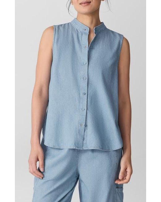Eileen Fisher Blue Sleeveless Band Collar Chambray Button-Up Shirt