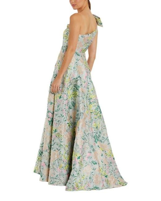 Mac Duggal One Shoulder Brocade Gown With Bow Detail in