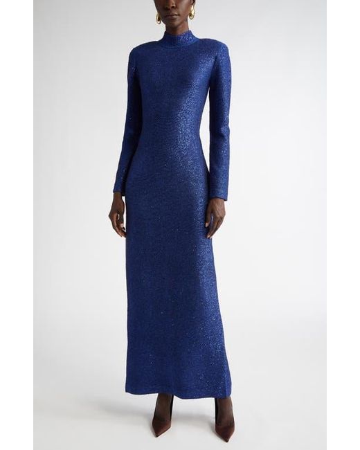 St. John Blue Sequin Long Sleeve Mock Neck Column Gown