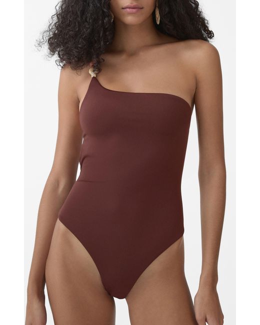 Mango Brown Milena Strappy One-shoulder One-piece Swimsuit