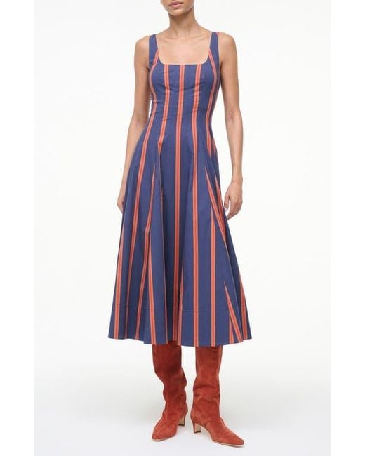 Staud Purple Wells Stripe Stretch Cotton Fit & Flare Midi Dress