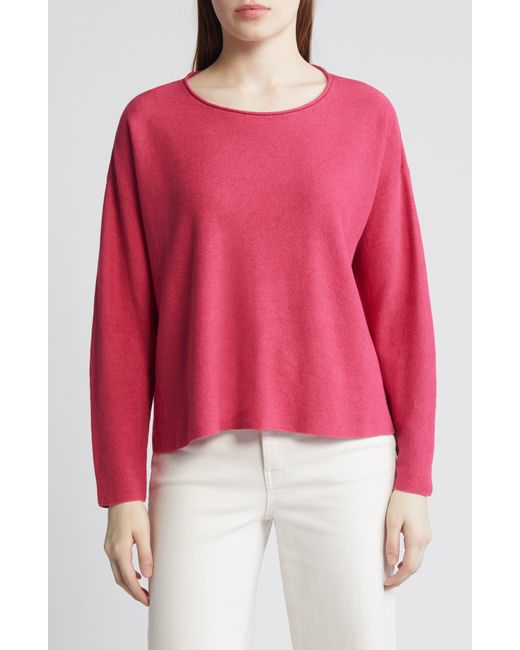 Eileen Fisher Red Jewel Neck Linen & Cotton Knit Top