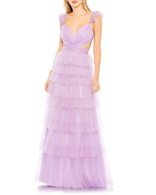 Mac Duggal Purple Tiered Ruffle Cutout Tulle Gown