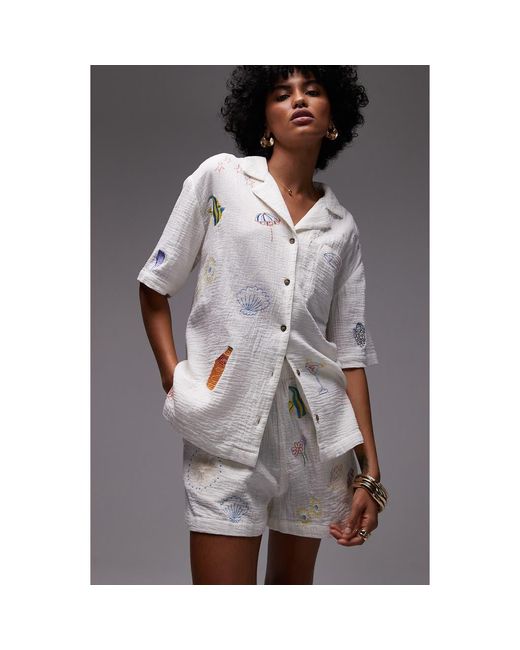 TOPSHOP Gray Resort Embroidered Cotton Camp Shirt