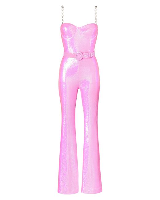 Nadine Merabi Pink Tiffany Sequin Belted Wide Leg Jumpsuit