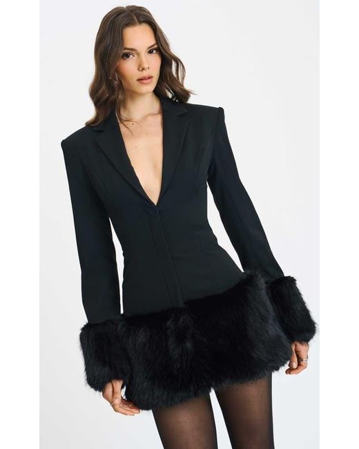 Miss Circle Black Wenona Faux Fur Trimmed V-Neck Mini Blazer Dress