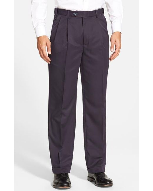 Berle Blue Self Sizer Waist Pleated Classic Fit Microfiber Trousers for men