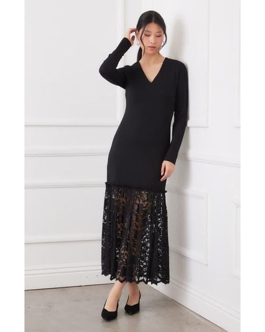 Karen Kane Women's Black Lace Contrast Long Sleeve Maxi Dress