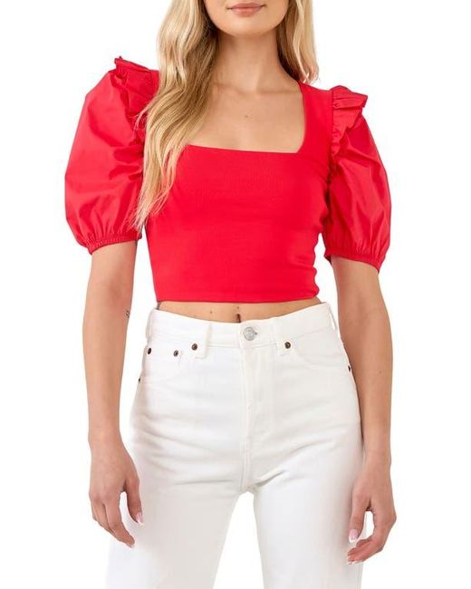 English Factory Red Mixed Media Puff Sleeve Crop Top
