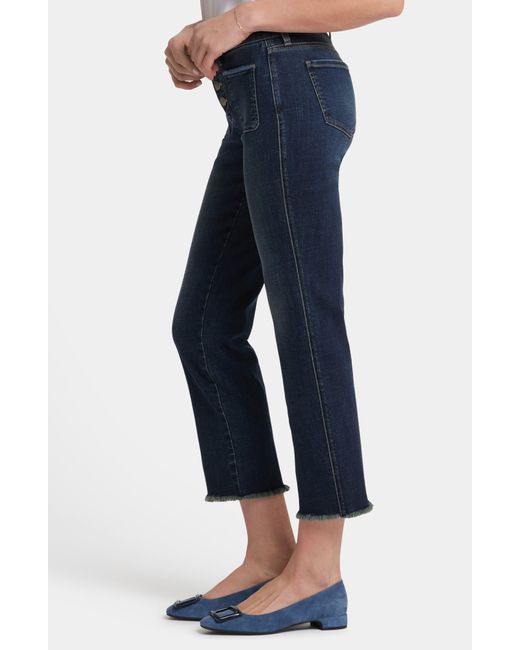 NYDJ Blue Marilyn Frayed Exposed Button Ankle Straight Leg Jeans