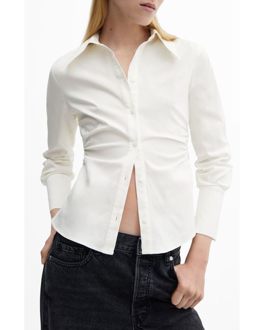 Mango White Fitted Ruched Button-up Shirt