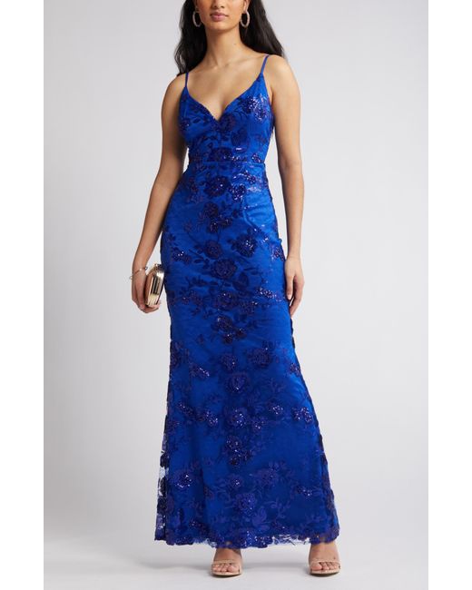 Lulus Blue Shine Language Floral Sequined Lace Gown