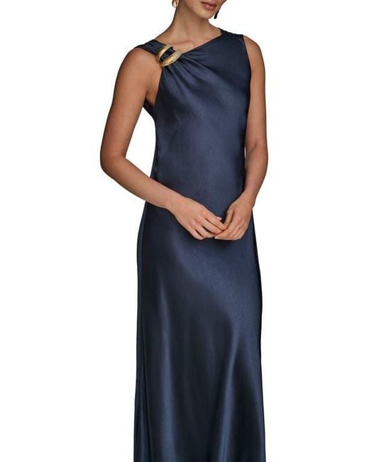 Donna Karan Blue Asymmetric Cowl Back Satin Gown