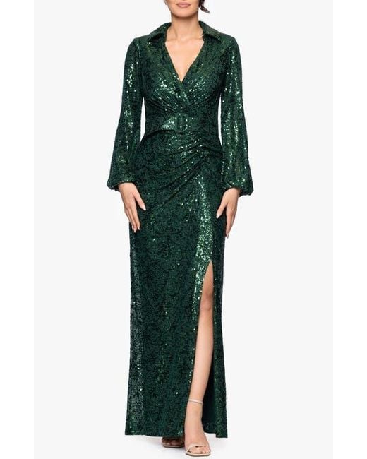 Betsy & Adam Women's Green Sequin Collar Long Sleeve Gown