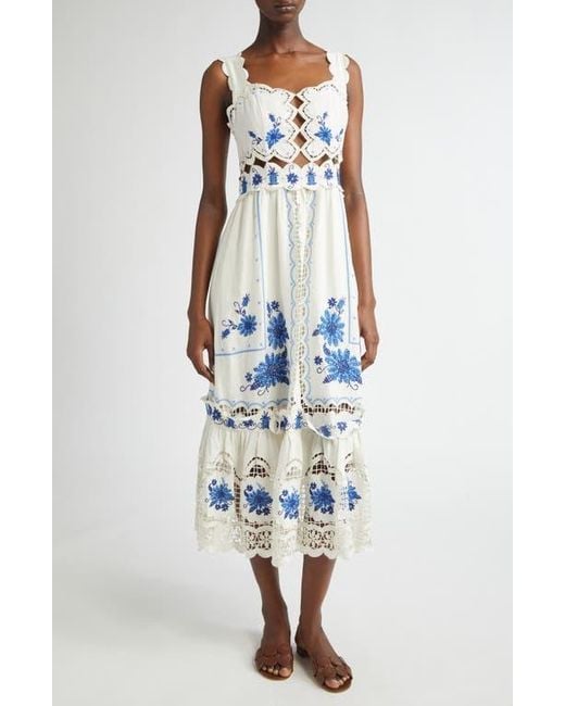 Farm Rio White Richilieu Embroidered Linen Blend Midi Sundress