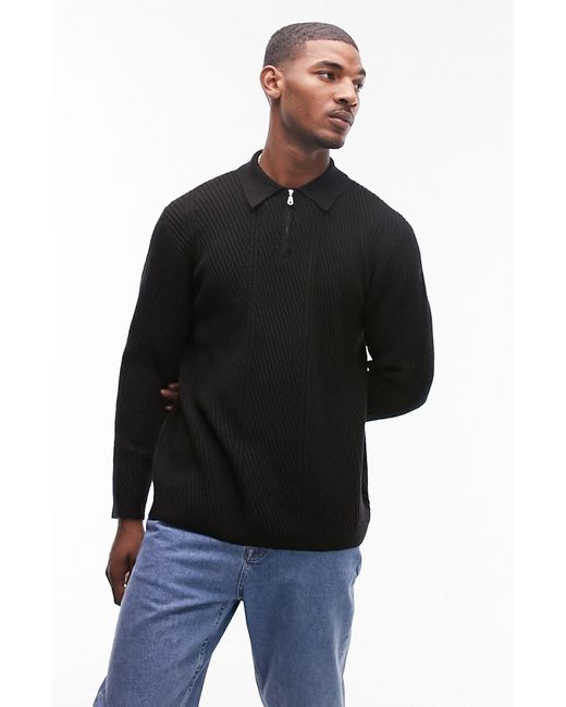 Topman Black Textured Zip Polo Sweater for men