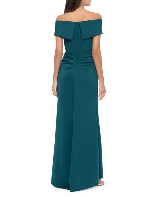 Xscape Evenings Green Off The Shoulder Ruffle Scuba Gown