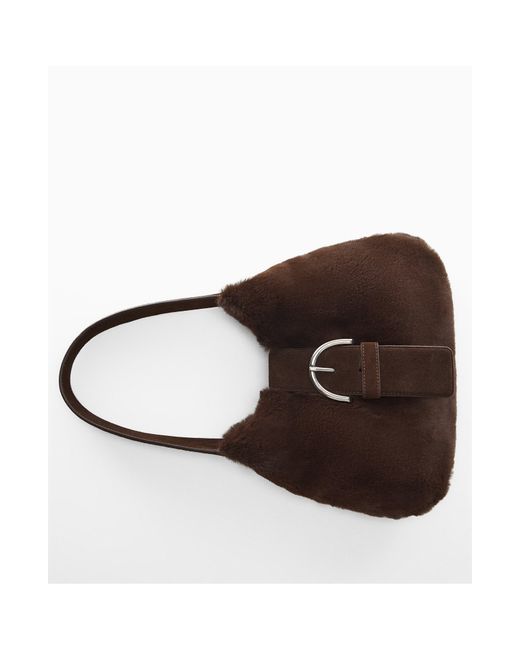 Mango Brown Buckle Faux Fur & Leather Shoulder Bag