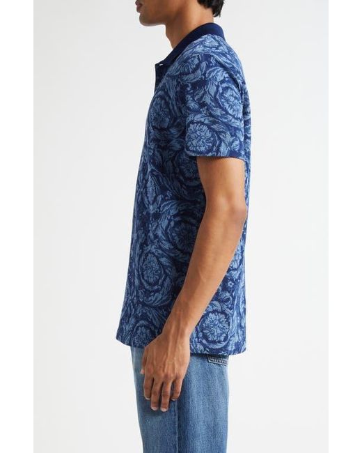 Versace Blue Barocco Jacquard Cotton Piqué Polo for men