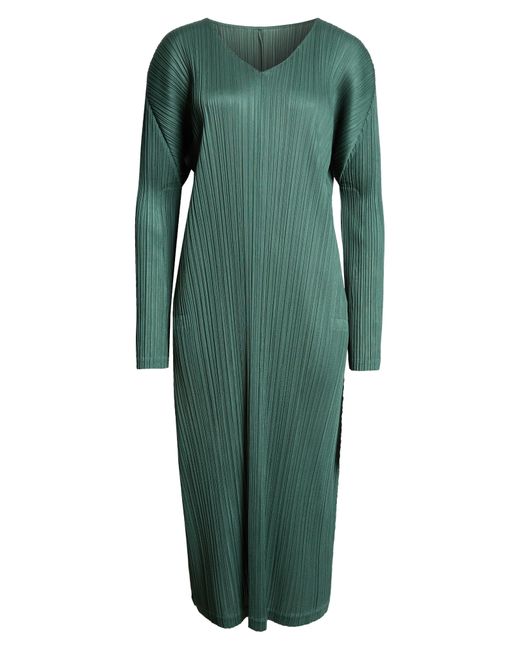 Pleats Please Issey Miyake Green Monthly Colors December Pleated Long Seeve Midi Dress