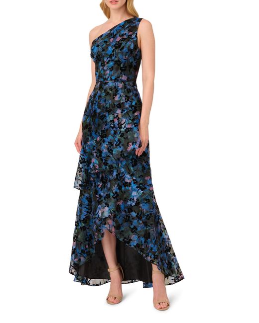 Adrianna Papell Blue Floral Flocked Velvet One-shoulder High-low Gown
