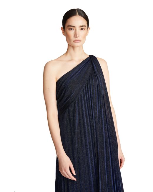 Halston Heritage Blue Priya Metallic Knit Pleated One Shoulder Gown