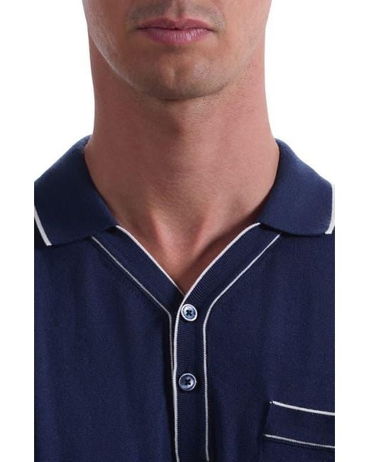 Bugatchi Blue Tipped Cotton & Silk Pocket Polo Sweater for men