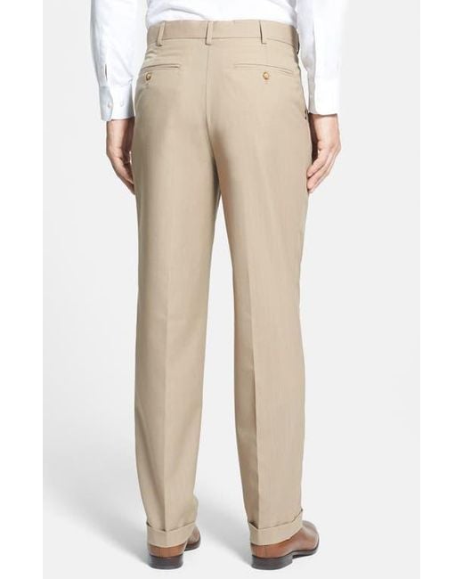 Berle Natural Self Sizer Waist Plain Weave Pleated Washable Trousers for men
