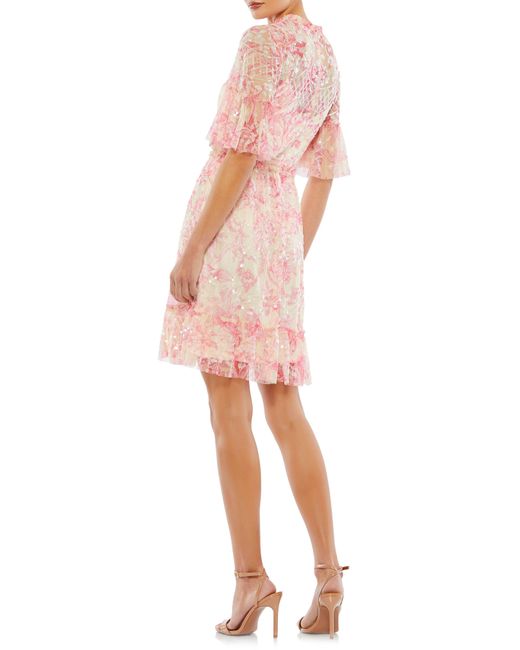 Mac Duggal Pink Sequin Floral Flounce Sleeve Cocktail Dress