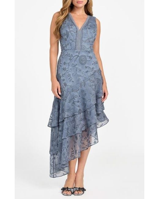 Guess Loren Floral Embroidered Sleeveless Tiered Asymmetric Dress in Blue |  Lyst