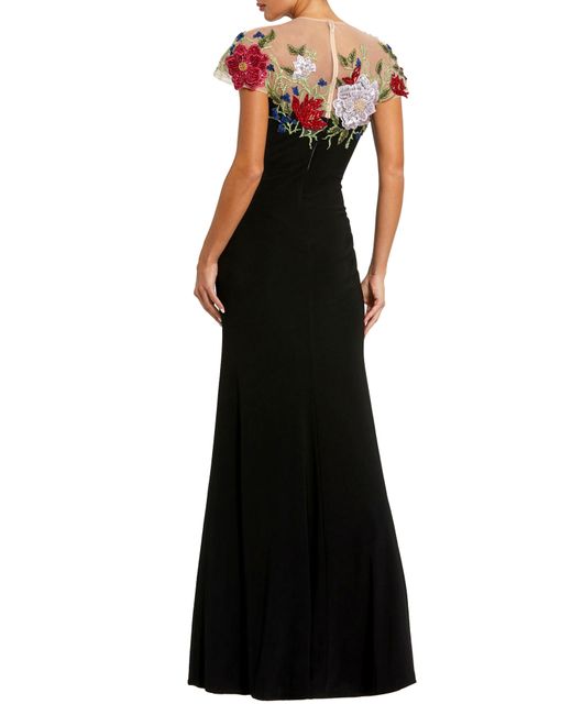 Mac Duggal Black Embroidered Floral Detail A-line Gown
