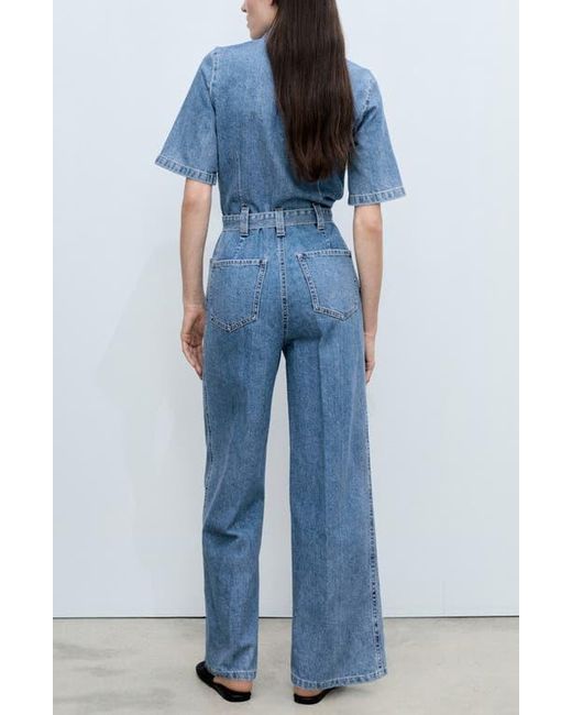 Mango Blue Fleur Tie Waist Denim Jumpsuit