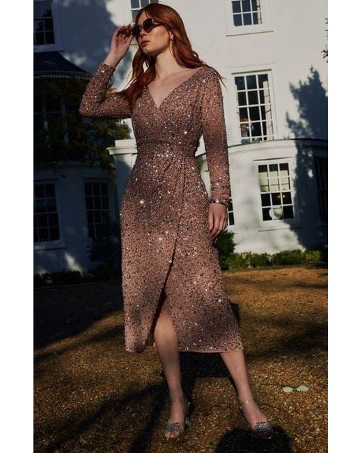 Beauut Pink Occasion Embellished Sequin Beaded Maxi Wrap With Sleeves Evening Dress