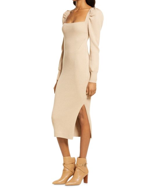 Charles Henry Natural Square Neck Tie Back Puff Long Sleeve Sweater Dress