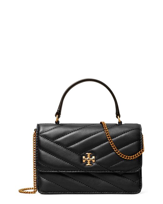 Tory Burch Black Mini Kira Chevron Quilted Leather Top Handle Wallet On A Chain
