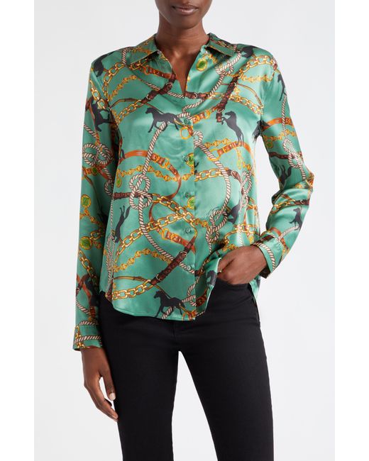 L'Agence Tyler Horse Print Silk Shirt in Green Lyst