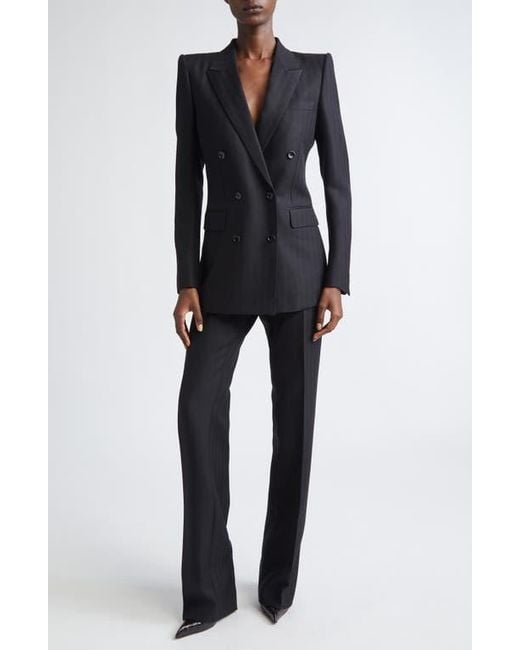 Tom Ford Black Sharp Herringbone Double Breasted Virgin Wool Jacket